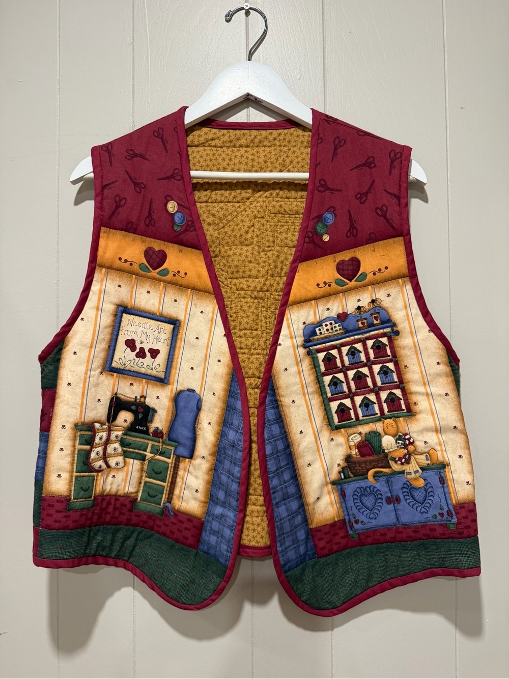 Quilted Folk Art Patchwork Vest in Burgundy and Mustard - Picture 1 of 6